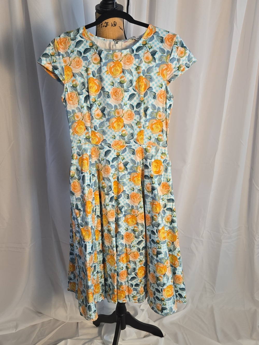 ORCHID BLOOM Floral Fit-and-Flare Dress in Yellow/Orange Rose Print